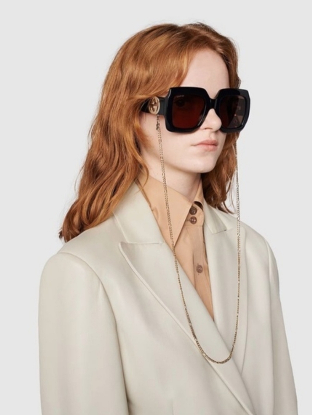 Gucci Black Square Oversised Women's Sunglasses with Gold Chain. Authentic.